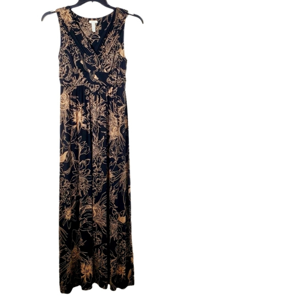 Soma Sleeveless Black Soft Jersey Knit Floral Surplice Faux Wrap Maxi Dress